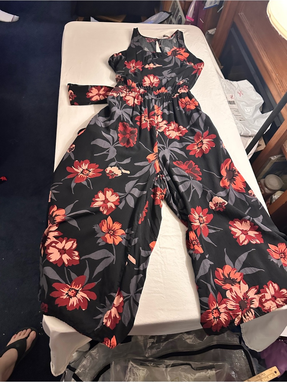 LOFT Black Whimsigoth Boho Jumpsuit with Red and Coral Floral Print